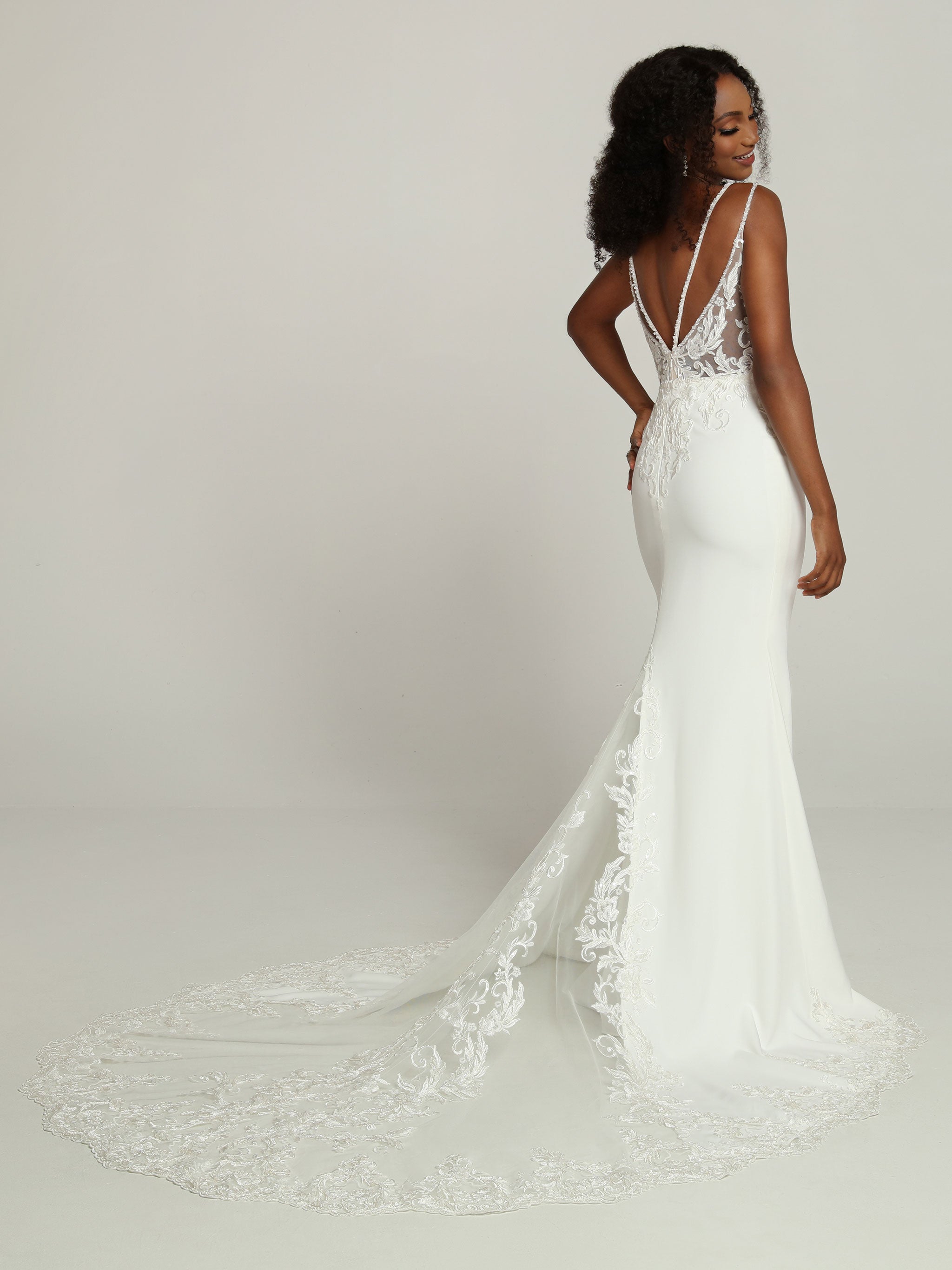 Davinci Bridal 50708 Fitted Satin Lace Wedding Dress Sheer Train Brida –  Glass Slipper Formals